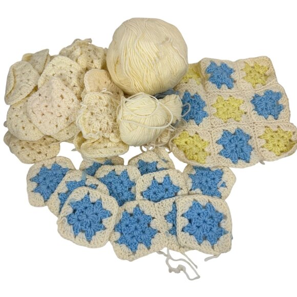 Crochet Granny Square Lot 60+ Squares In Yellow/Blue Crafting Or Blanket Making - Picture 2 of 7
